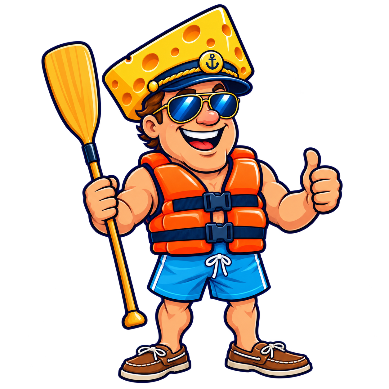 Captain Cheesehead, a cartoon boat captain in a foam cheese-wedge hat, aviator sunglasses and a buckled orange life jacket, holding a canoe paddle