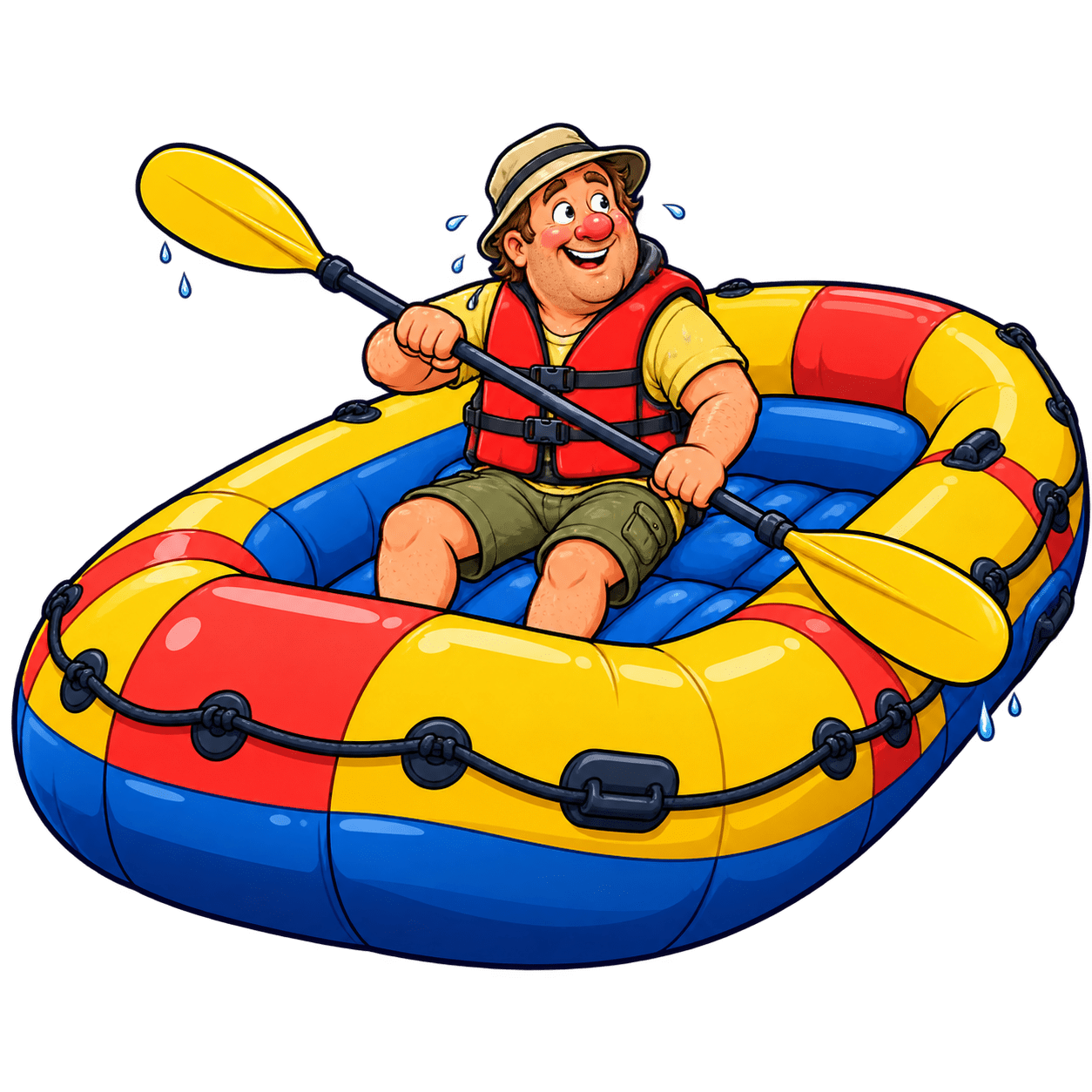 Gary, a cartoon helmsman in a bucket hat and buckled life jacket, paddling a giant raft with one kayak paddle