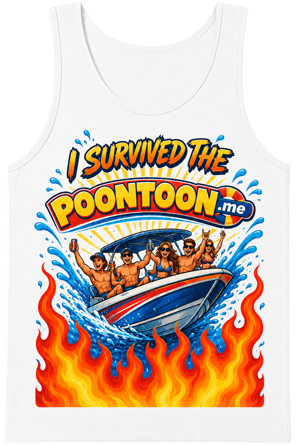 I Survived the Poontoon tank top, Speedboat Edition, showing a speedboat of cheering people bursting through waves and flames