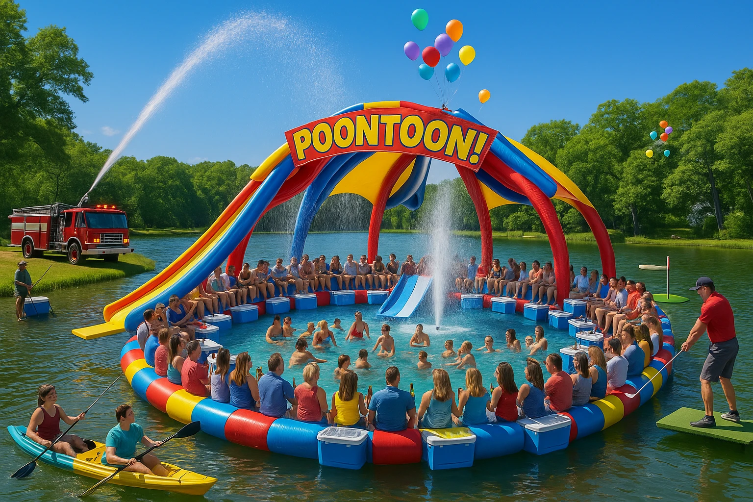 Ring-shaped inflatable raft with balloons, a red firetruck spraying from shore, kayakers, and a floating putting mat