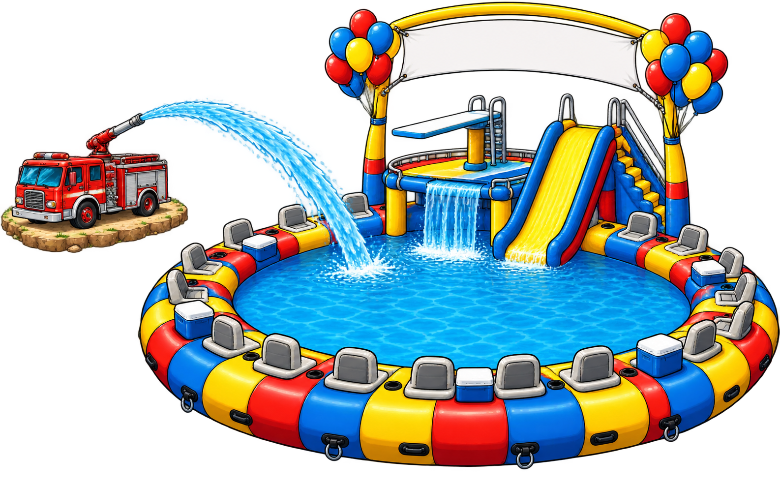 Cartoon cutaway of the Poontoon: a ring of red, yellow and blue tubes with seats and coolers around a pool, a waterfall, a diving board and slide, a banner arch with balloons, and a firetruck spraying from shore