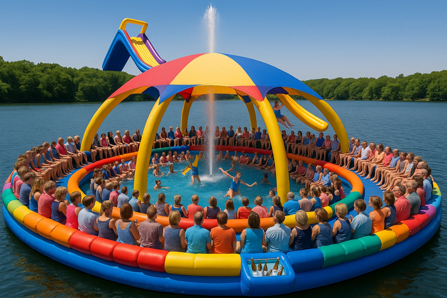 Huge inflatable ring raft with a striped dome canopy, a slide on top, a fountain, and people seated around