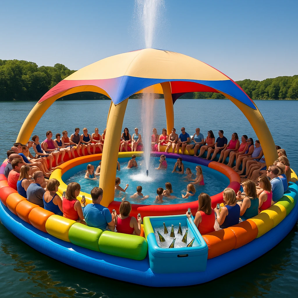 Round inflatable raft with a pastel dome, a fountain, a cooler tub of bottles, and people seated in a ring