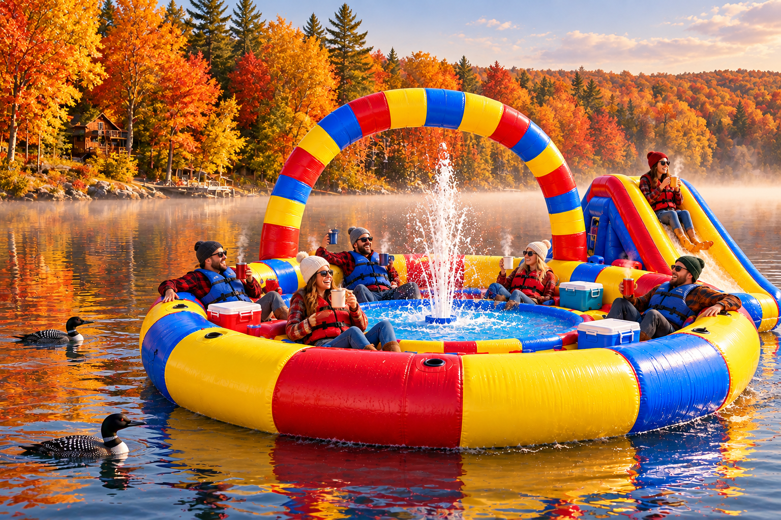 The Poontoon drifting past gold, orange and red maples in the fall, with loons on the water and people in flannel and life jackets holding hot cider