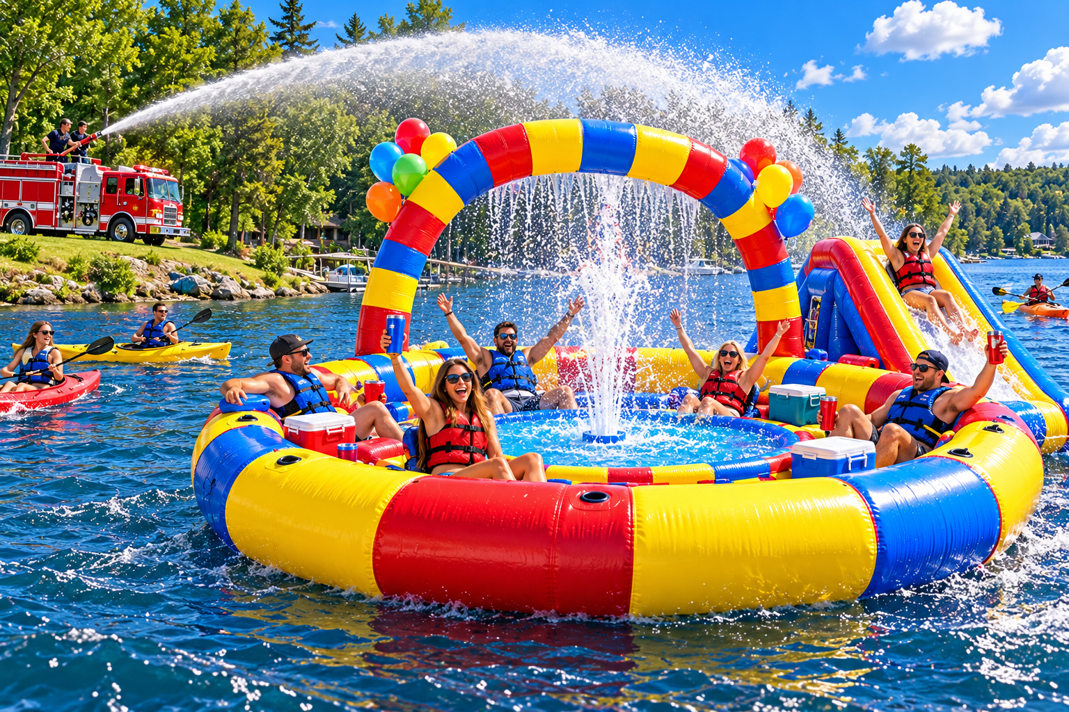 The Poontoon at peak summer: a pool with a waterfall fountain, a slide, coolers, balloons, and a red firetruck spraying an arc of water from shore