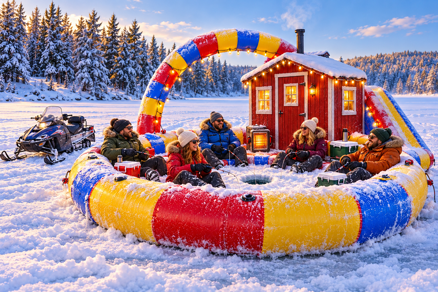 The Ice-Toon: the raft parked on a frozen, snowy lake with a red ice-fishing shanty on top, string lights, a space heater and people in parkas
